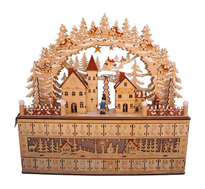 Lighted Wooden Bavarian Village Scene Advent Calendar - Christmas Decoration with 24 Storage Drawers