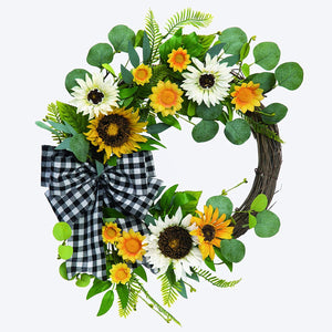 20-Inch Rustic Grapevine Twig Wreath with Sunflowers and Black and White Plaid Bow – Country Front Door Decoration – Indoor Outdoor Spring, Summer, Fall Farmhouse Home Decor