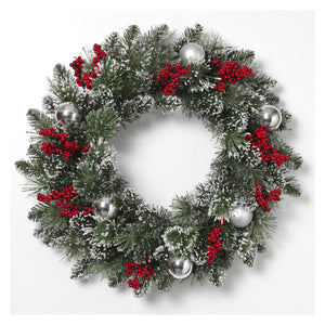 24-Inch Snowy Pine Wreath with Silver Ornaments and Red Berries – Christmas Front Door Wreath