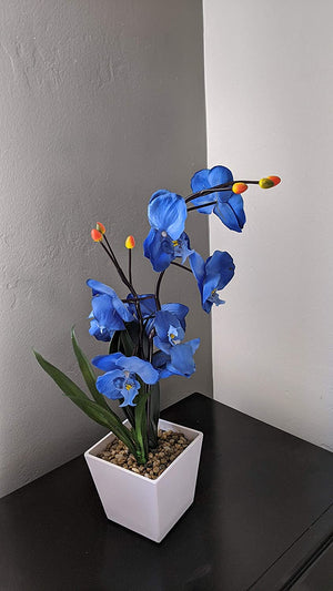 17-Inch Lighted Blue Artificial Orchid Flower Plant with Timer - Battery Operated with 9 Lights