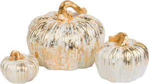 Set of 3 Elegant White and Gold Decorative Faux Pumpkin Figurines – Fall Tabletop Gourd Centerpiece - Halloween Thanksgiving Harvest Wedding Decoration Rustic Farmhouse Home Decor