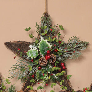 Rustic Twig Star Wreath with Christmas Greenery and Berries for Front Door - Hanging Holiday Decoration