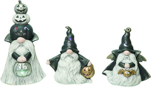10-Inch Set of 3 Decorative LED Light Up Black & White Halloween Gnome Figurines w/ Spooky Witch Hat & Metallic Accents - Lighted Indoor Tabletop, Mantel, Shelf, Office Desk Home Decor