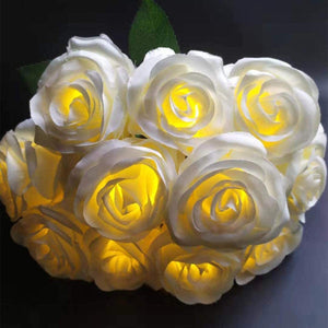 Orchid & Ivy 11 Stem Lighted Rose Bouquet, Artificial White Silk Flowers with LED Lights - Battery Operated with Timer - Beautiful for Home, Weddings,Table Centerpieces, Party Decor