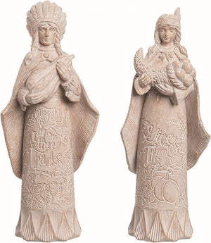 Set of 2 8.5-Inch Elegant White Washed Beige Carved Wood-Look Indian Couple Figurines - Thanksgiving Native American Table, Mantel, Desk Decoration - Fall Harvest Centerpiece Decor