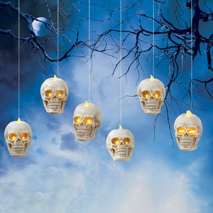Set of 6 5-Inch Decorative LED Lighted Floating Skull Candle Lights with Remote Control - Light Up Hanging Halloween Party Decorations - Spooky Haunted House Decor Skeleton Head Prop