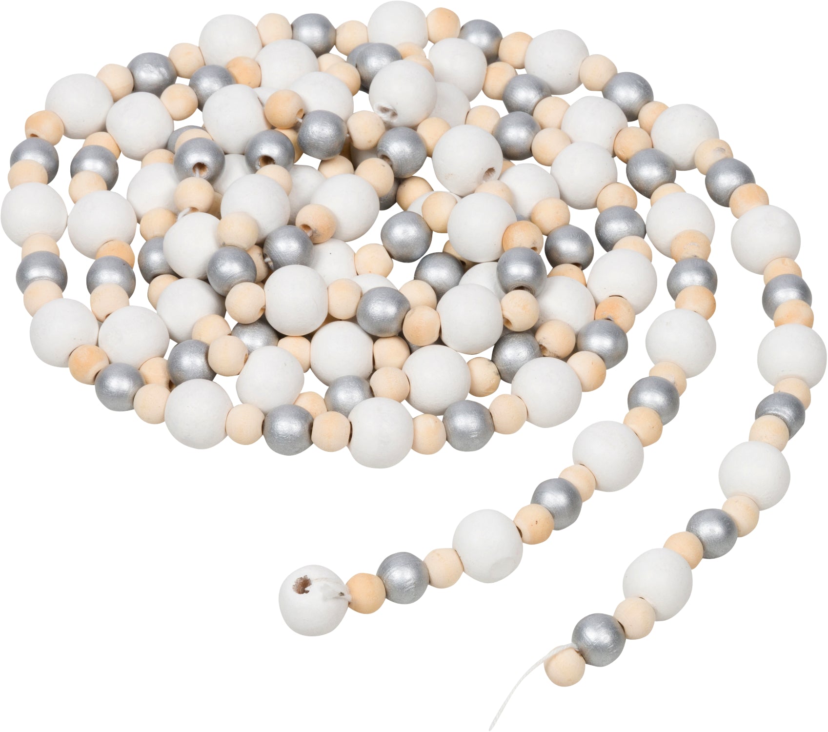 9-Foot Vintage Rustic White, Silver and Unfinished Wood Bead Garland Christmas Tree Decoration