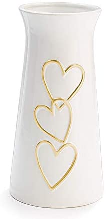 White Ceramic Vase with Gold Heart Accents – Valentine’s Day Decoration Romantic Home Decor