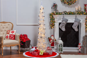 6-Foot High Pop Up Pre-Lit Decorated Narrow White Tree with Warm White Lights