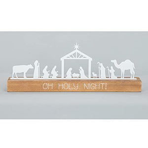 Rustic 11.75-Inch Tabletop Metal Silhouette Decorative Nativity Scene on Wood Block “Holy Night” Sign