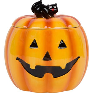 7-Inch Ceramic Orange Jack-o-Lantern Pumpkin Halloween Cookie Jar or Candy Dish Bowl with Black Cat Lid - Tabletop Kitchen Storage Counter Decoration