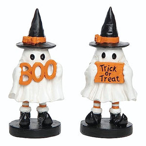 Set of 2 6.5-Inch Vintage Ghost in Witch Hat Halloween Figurines