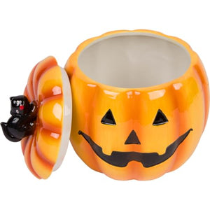 7-Inch Ceramic Orange Jack-o-Lantern Pumpkin Halloween Cookie Jar or Candy Dish Bowl with Black Cat Lid - Tabletop Kitchen Storage Counter Decoration