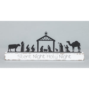 Rustic 11.75-Inch Tabletop Metal Silhouette Decorative Nativity Scene on Wood Block “Holy Night” Sign