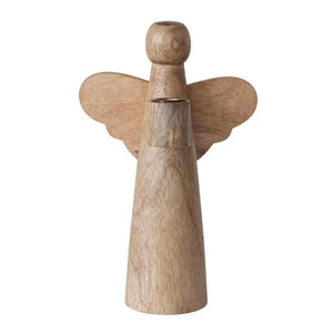 10-Inch Natural Mango Wood Angel Taper Candle Holder