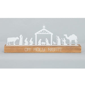 Rustic 11.75-Inch Tabletop Metal Silhouette Decorative Nativity Scene on Wood Block “Holy Night” Sign