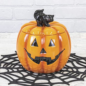 7-Inch Ceramic Orange Jack-o-Lantern Pumpkin Halloween Cookie Jar or Candy Dish Bowl with Black Cat Lid - Tabletop Kitchen Storage Counter Decoration