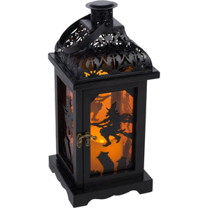 13-Inch LED Light Up Black Wood & Metal Halloween Lantern with Spooky Witch Silhouette, Orange Panes, Timer