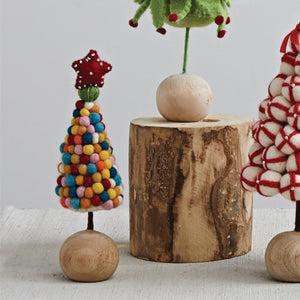 8-Inch Handmade Rainbow Wool Felt Pom Pom Tabletop Christmas Tree w/Wood Base