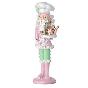 11.5-Inch Pink & Green Pastel Nutcracker Baker Figurine w/Christmas Candy Gingerbread Treat