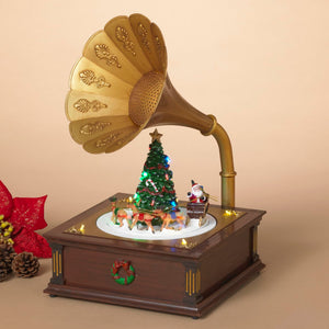 14-Inch Light Up Musical Animated Christmas Village Scene – Rotating Santa & Reindeer on Vintage Phonograph