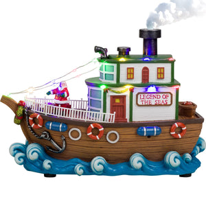 Santa Ship Boat with Sounds and Smoke Light-Up Christmas Village Scene Accessory Figurine