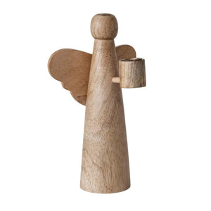 10-Inch Natural Mango Wood Angel Taper Candle Holder