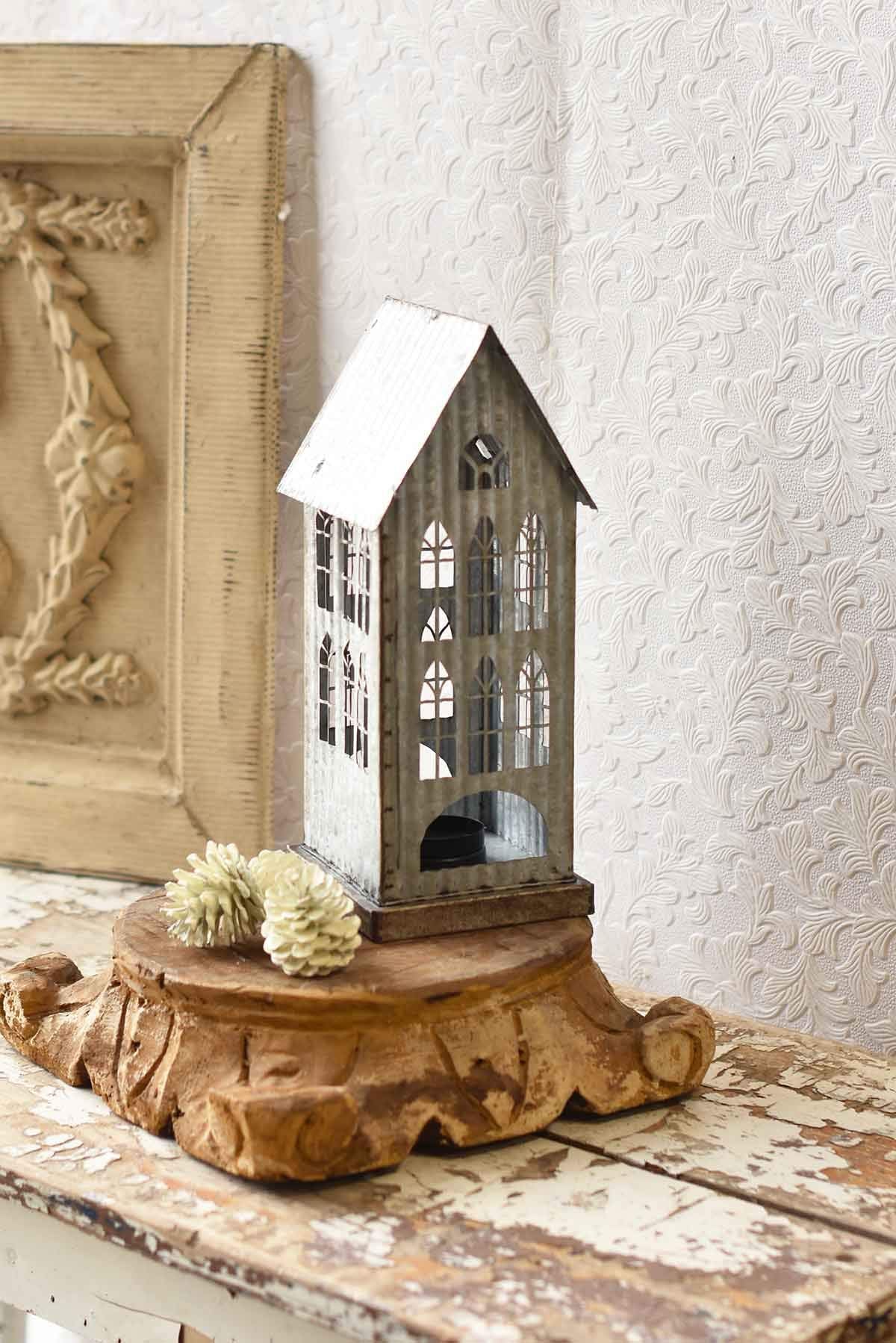 Tin house tea light holder sales