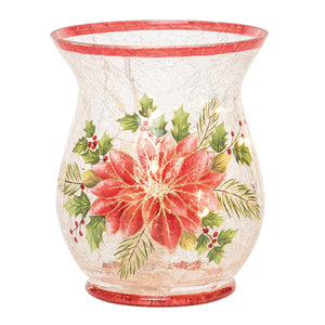 6-Inch Decorative Light Up Red Christmas Poinsettia Hurricane Crackle Glass Votive Candle Holder