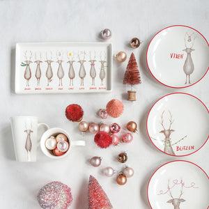 12.75-Inch Whimsical White Stoneware Santa's Reindeer Christmas Plate