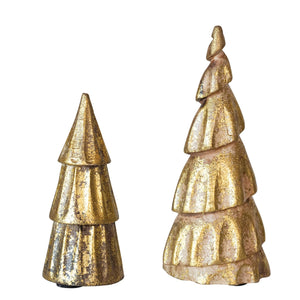 Set of 2 (8.25", 5.5") Hand Carved Mango Wood Tabletop Christmas Trees w/Vintage Gold Foil Finish