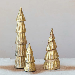 Set of 2 (8.25", 5.5") Hand Carved Mango Wood Tabletop Christmas Trees w/Vintage Gold Foil Finish