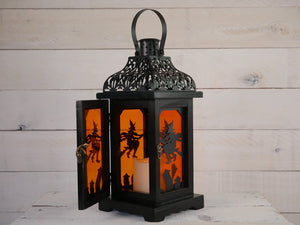 13-Inch LED Light Up Black Wood & Metal Halloween Lantern with Spooky Witch Silhouette, Orange Panes, Timer