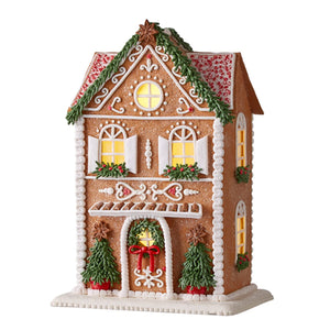 13-Inch Light Up Gingerbread House w/Elegant Winter Rosemary Greenery, Trees & Timer