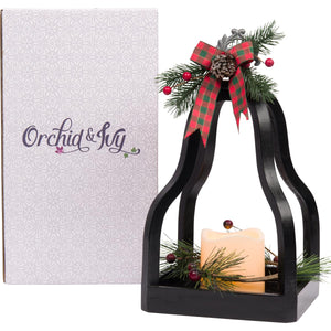 13-Inch Rustic Black Open Wood & Metal Christmas Lantern w/Flameless LED Candle, Timer, Berries, Plaid Bow