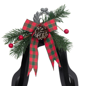 13-Inch Rustic Black Open Wood & Metal Christmas Lantern w/Flameless LED Candle, Timer, Berries, Plaid Bow