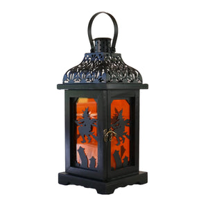 13-Inch LED Light Up Black Wood & Metal Halloween Lantern with Spooky Witch Silhouette, Orange Panes, Timer