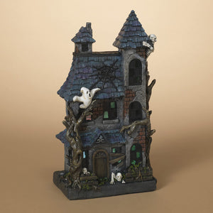 12-Inch Light-Up Decorative Haunted House Figurine with Ghost and Skeleton - LED Lighted Battery Powered Halloween Village Decoration - Spooky Scary Tabletop Party Indoor Home Decor