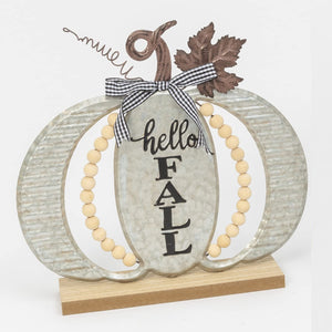 13-Inch Corrugated Metal and Wood Hello Fall Pumpkin Standing Sign with Bow and Wooden Bead Accent - Thanksgiving Autumn Tabletop Decoration - Country Harvest Home Decor
