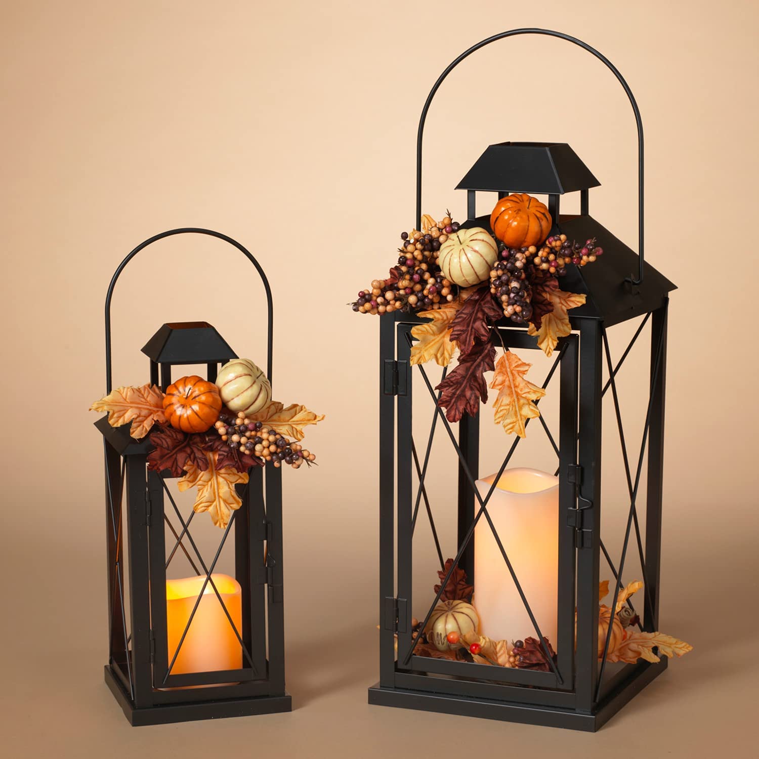 20-Inch Set of 2 Black Metal Decorative Lanterns - LED Battery Timer Pillar  Candles with Fall Accents - Hanging or Tabletop Thanksgiving Decorations 
