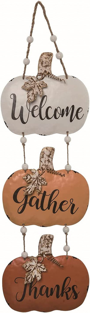24-Inch Metal Pumpkin Welcome, Gather, Thanks Vertical Front Door Sign - Indoor Outdoor Beaded Hanging Fall Thanksgiving Decoration - Rustic Country Harvest Porch Wall Art Decor