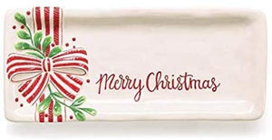 13.5-Inch Merry Christmas Ceramic Tray with Embossed Mistletoe and Ribbon – Party Serving Platter Dish – Decorative Holiday Plate Tableware Home Decor
