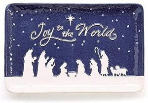 Blue and White Joy to The World Nativity Tray Ceramic Christmas Plate Holiday Tableware Decoration – Religious Christian Home Decor