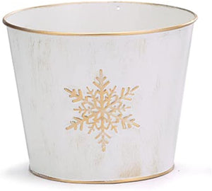 6-Inch Distressed White Tin Metal Plant Pot Cover w/Gold Embossed Snowflake – Indoor Outdoor Christmas Xmas Planter – Decorative Flower Succulent Holder Winter Home Decor