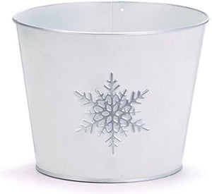 6-Inch Distressed White Tin Metal Plant Pot Cover w/Silver Embossed Snowflake – Indoor Outdoor Christmas Xmas Planter – Decorative Flower Succulent Holder Winter Home Decor
