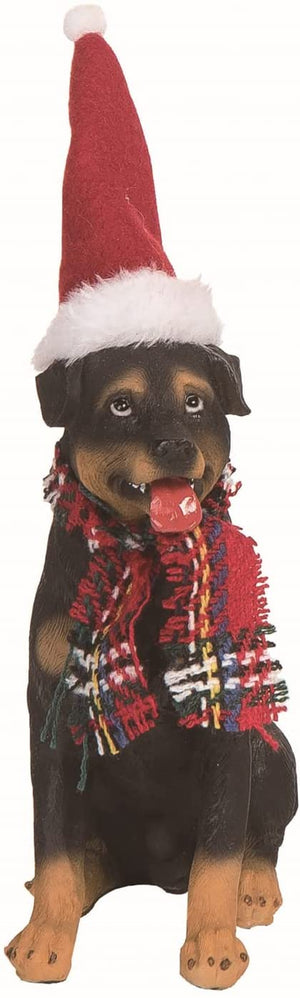 6.5-Inch Christmas Rottweiler Dog Figurine w/ Plaid Scarf and Santa Hat – Small Decorative Xmas Puppy Figure Tabletop Mantel Shelf Decoration – Charming Classic Winter Home Decor