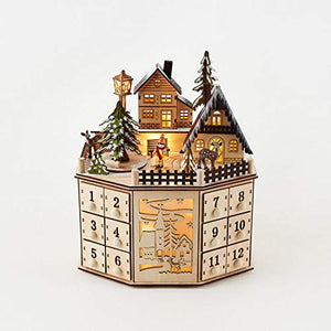 LED Lighted Wooden Bavarian Village Octagonal Advent Calendar - Christmas Decoration 24 Storage Drawers