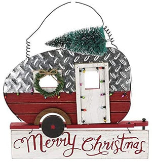 Vintage Camper Rustic Wood Plank and Metal Merry Christmas Holiday Sign - Wall Hanging Christmas Trailer Decoration – Winter Home Decor