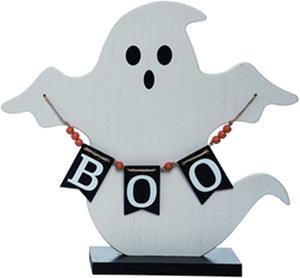 Wood Black and White Ghost Tabletop Halloween Sign Holding Banner with Boo Saying