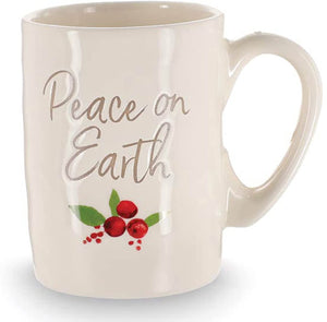 White Cream Ceramic Peace on Earth Festive Christmas Xmas Coffee Tea Hot Chocolate Cocoa Decorative Mug with Holly and Berry Accent - Cute Reusable Cup Winter Drinkware Tableware